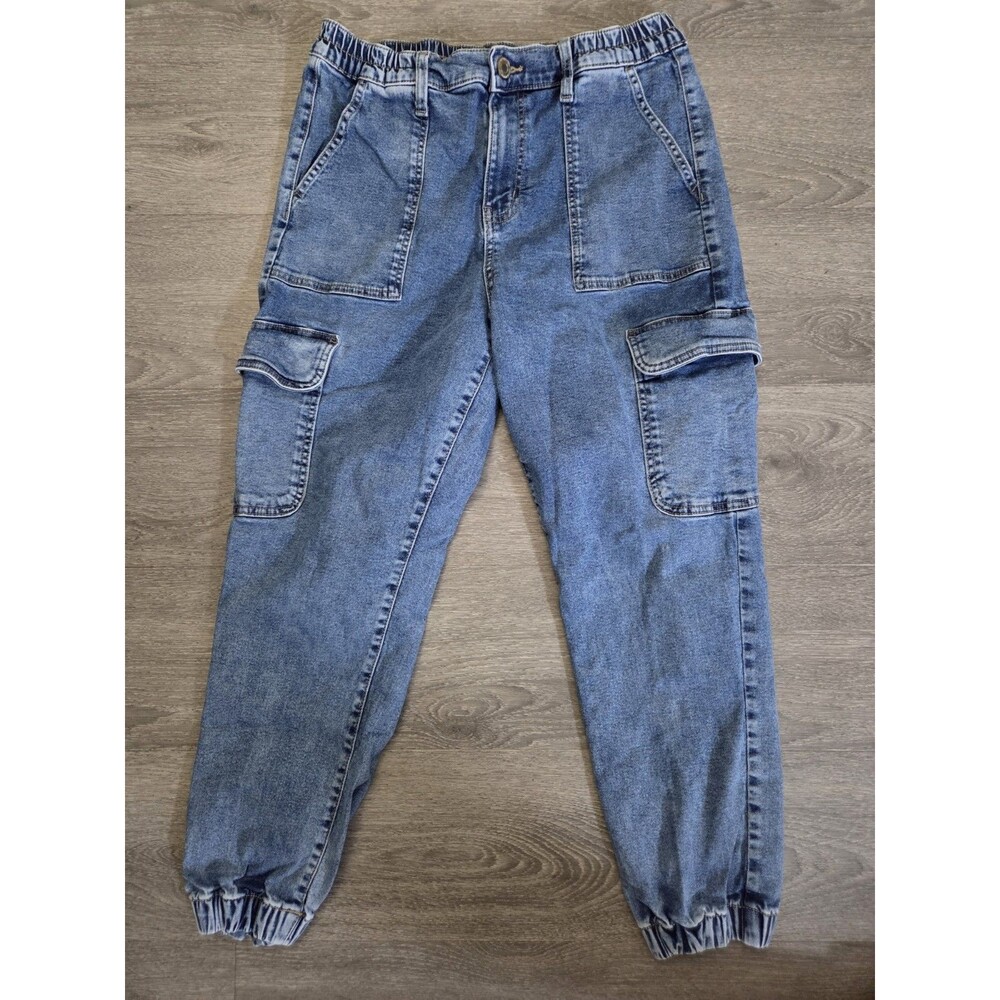 SO High Rise Mom Cargo Jogger Jeans Women's 11/30W Blue Elastic Cuff Denim